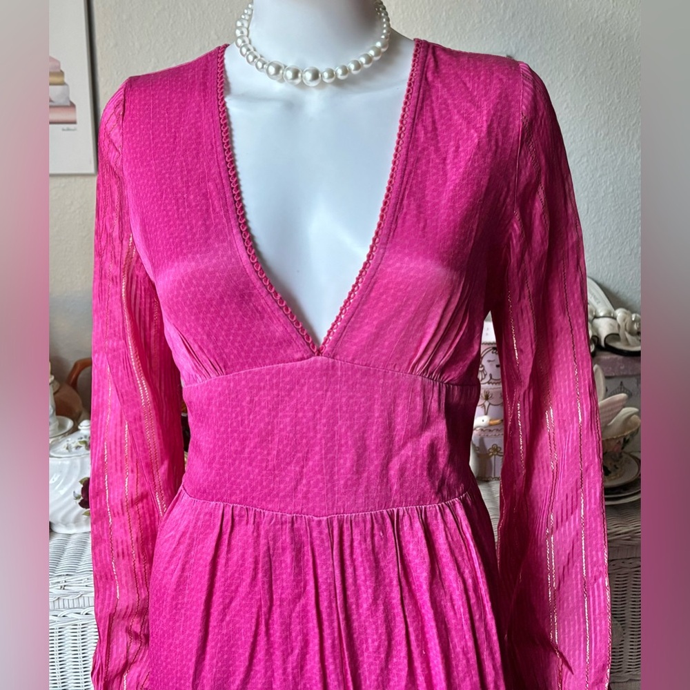 Anthropologie Riviera Jumpsuit Low Cut Wide-Leg Hot Pink w/ Gold stripes size M - Picture 7 of 15